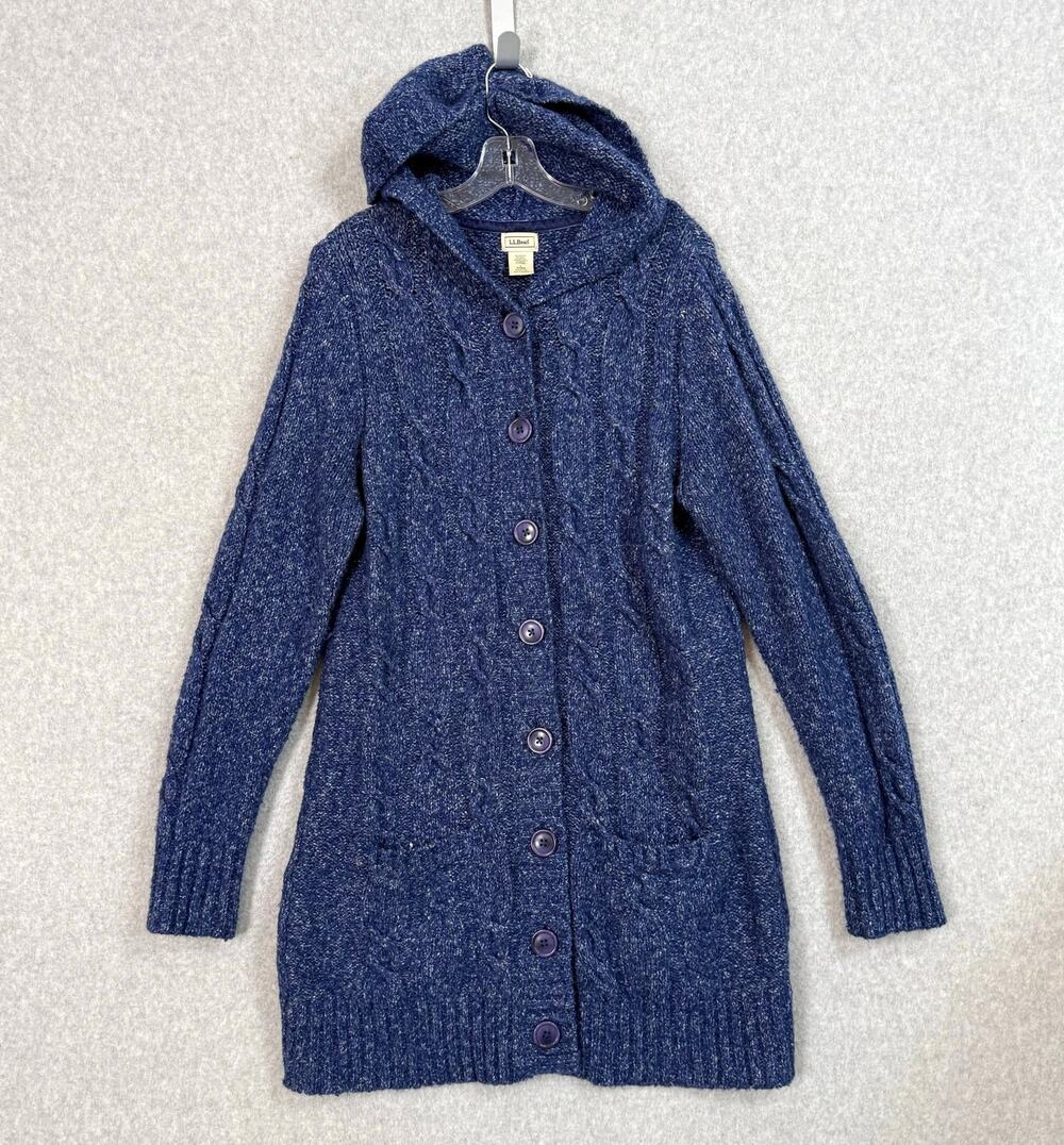 LL Bean Ragg Wool Blend Hooded Cardigan Sweater Size L Heritage Cabincore